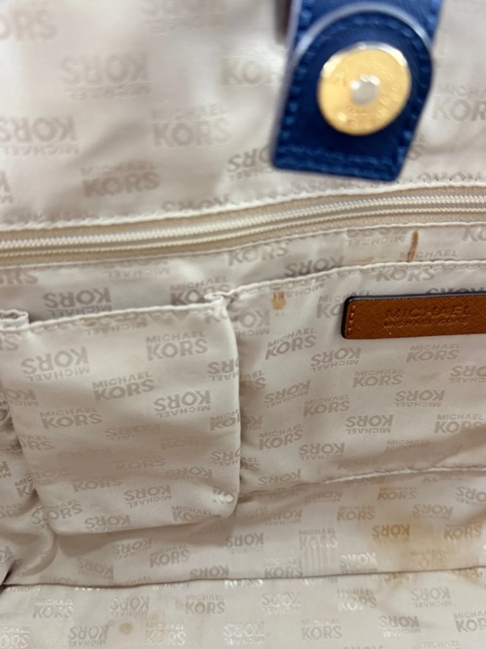 Michael Kors Jet Set Large Tote Bag Navy Blue White Stripe Saffiano Leather Gold